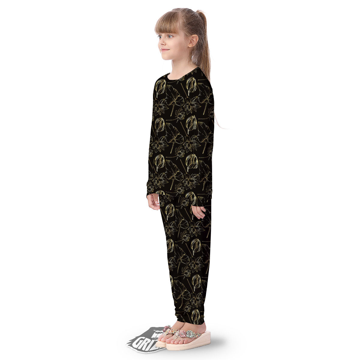 Lotus Flower Gold And Black Print Kid's Pajamas-grizzshop