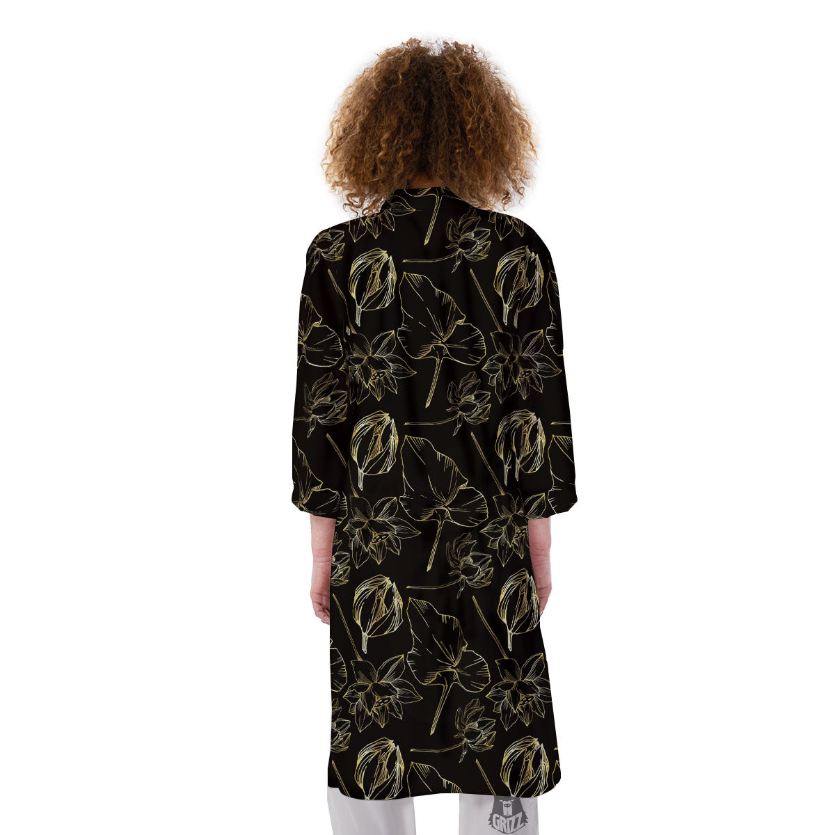 Lotus Flower Gold And Black Print Kimono-grizzshop
