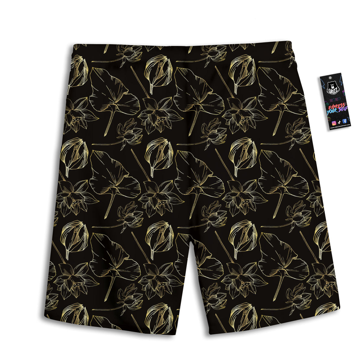 Lotus Flower Gold And Black Print Men's Athletic Shorts