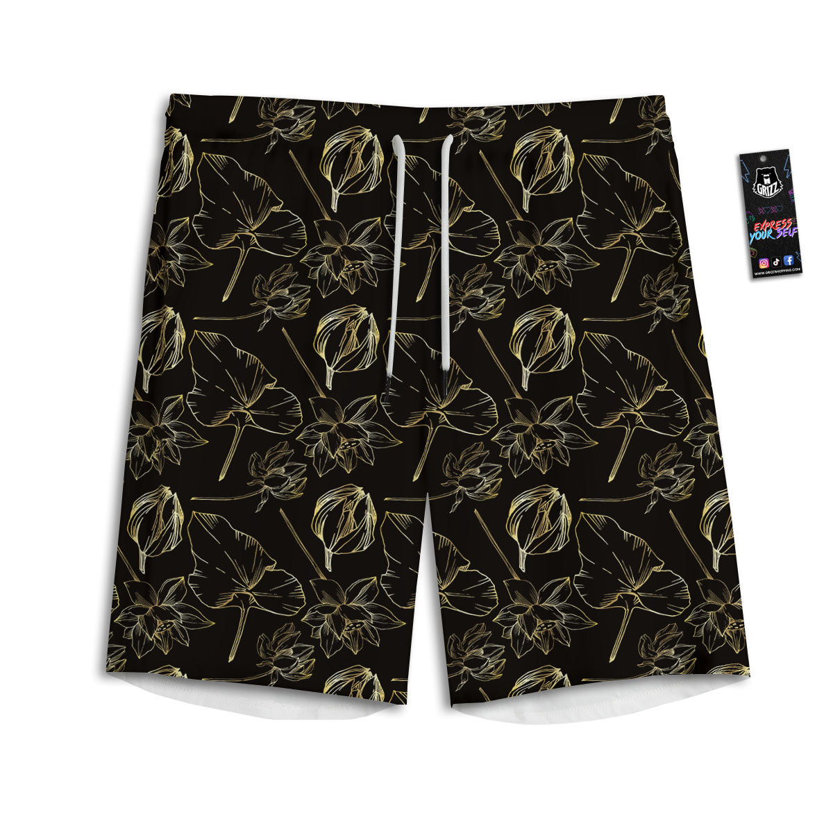 Lotus Flower Gold And Black Print Men's Athletic Shorts