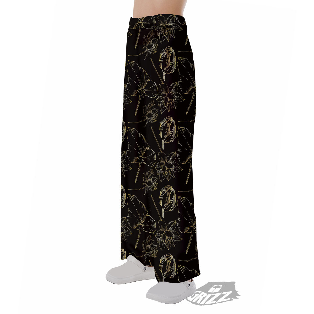 Lotus Flower Gold And Black Print Pajama Pants-grizzshop