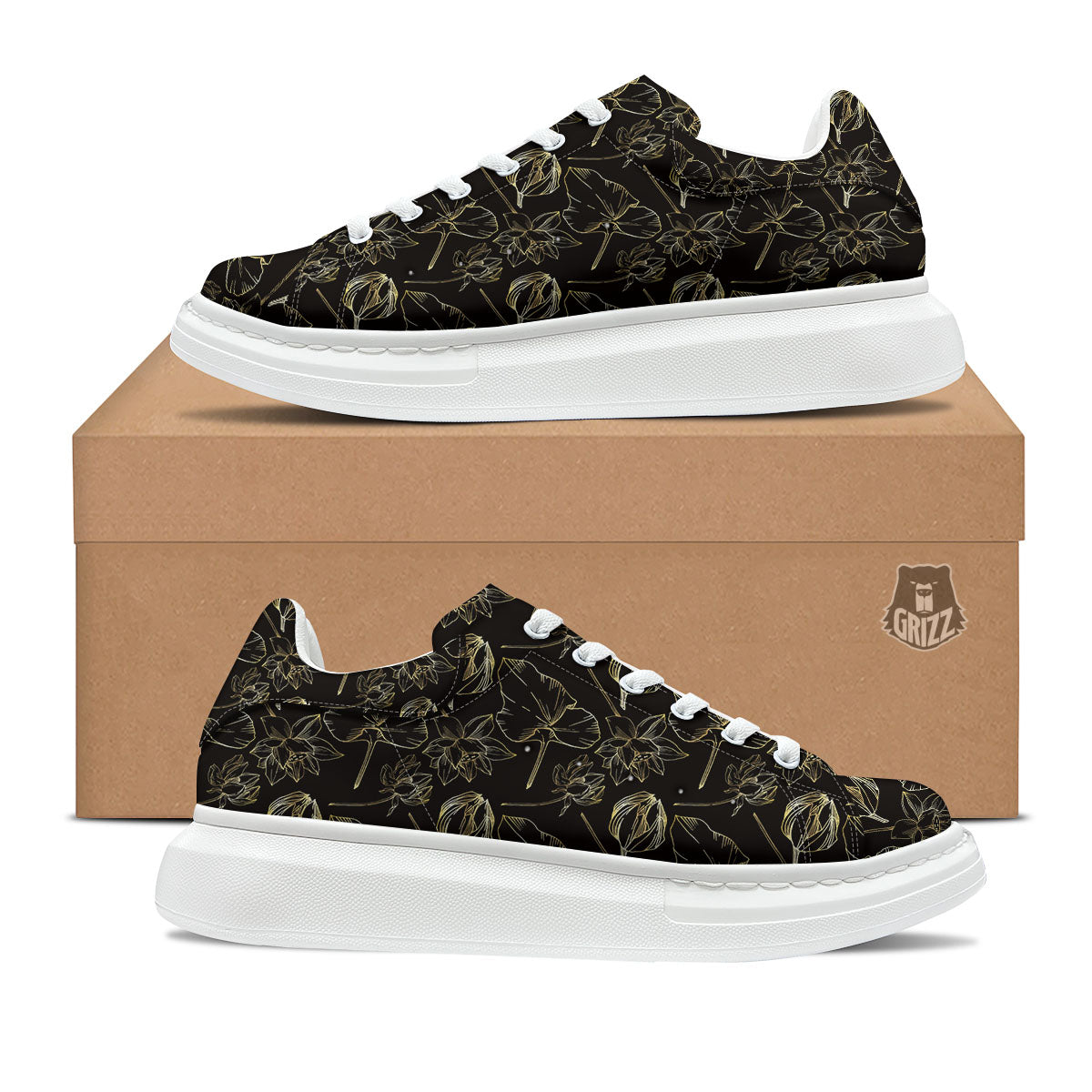 Lotus Flower Gold And Black Print Platform Shoes-grizzshop