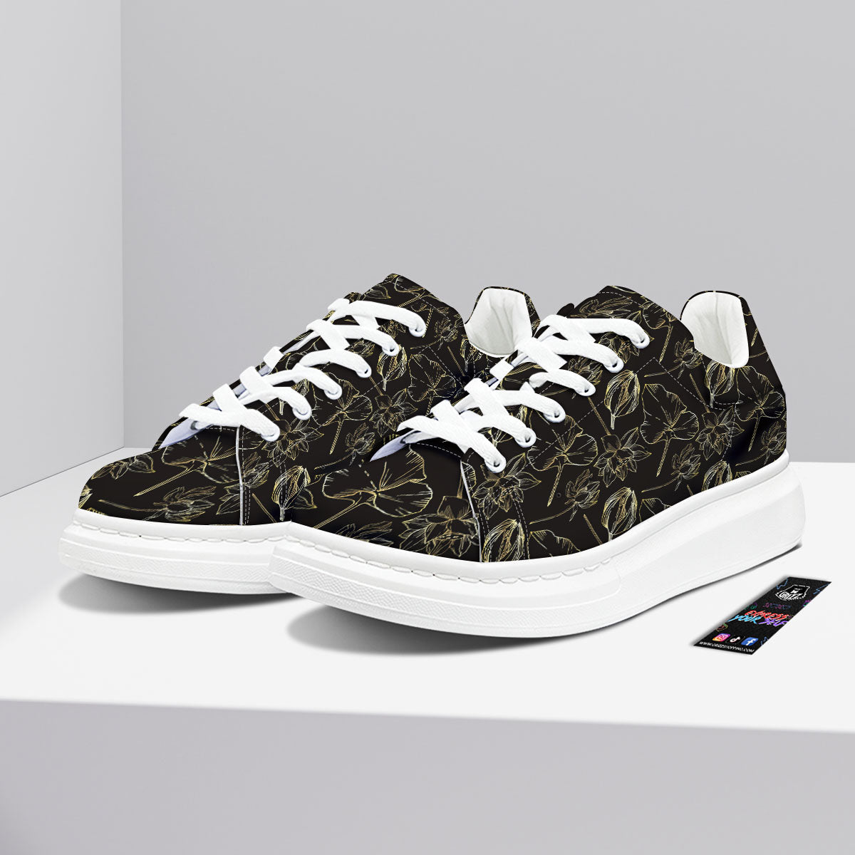 Lotus Flower Gold And Black Print Platform Shoes-grizzshop