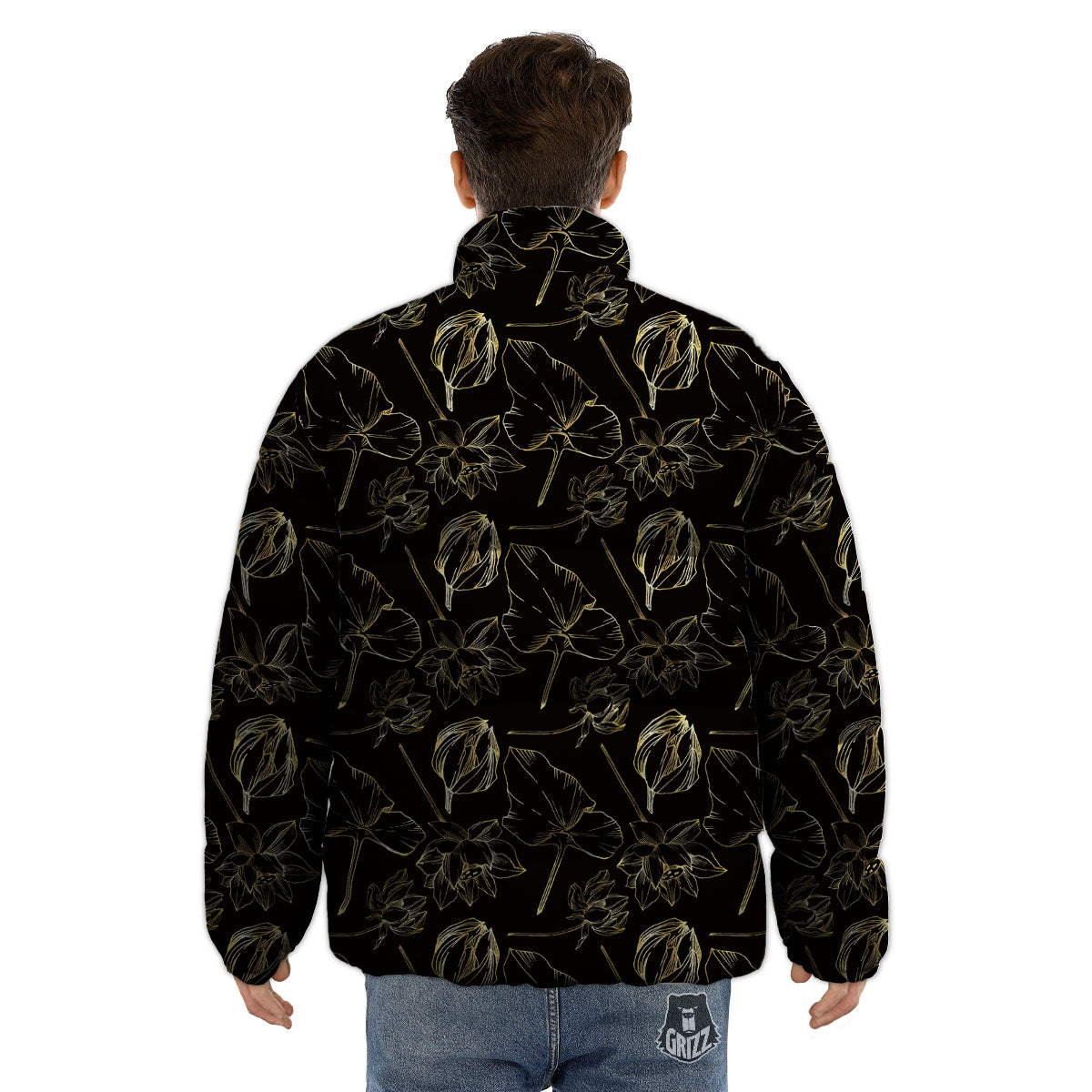 Lotus Flower Gold And Black Print Puffer Jacket-grizzshop
