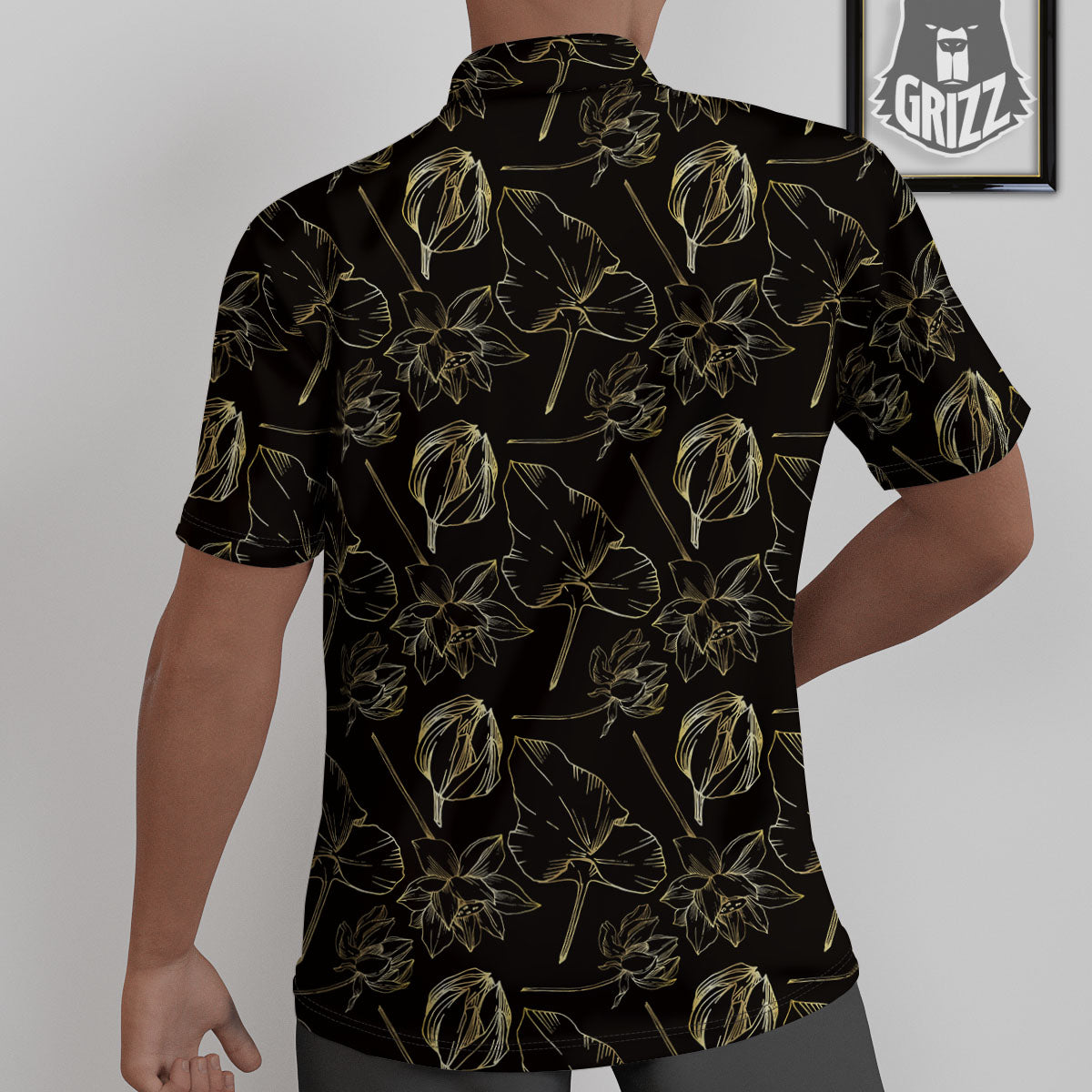 Lotus Flower Gold And Black Print Untucked Shirts-grizzshop