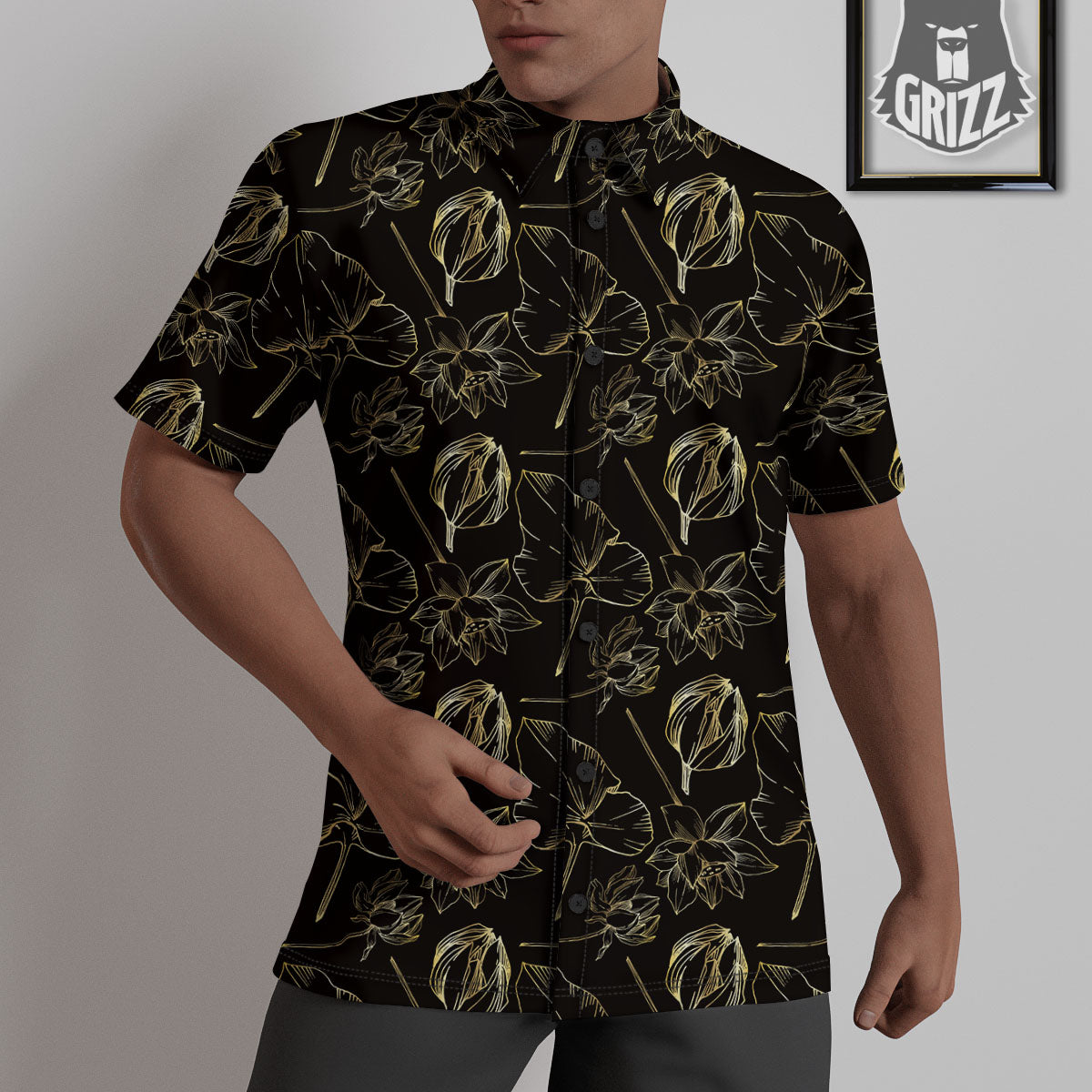 Lotus Flower Gold And Black Print Untucked Shirts-grizzshop