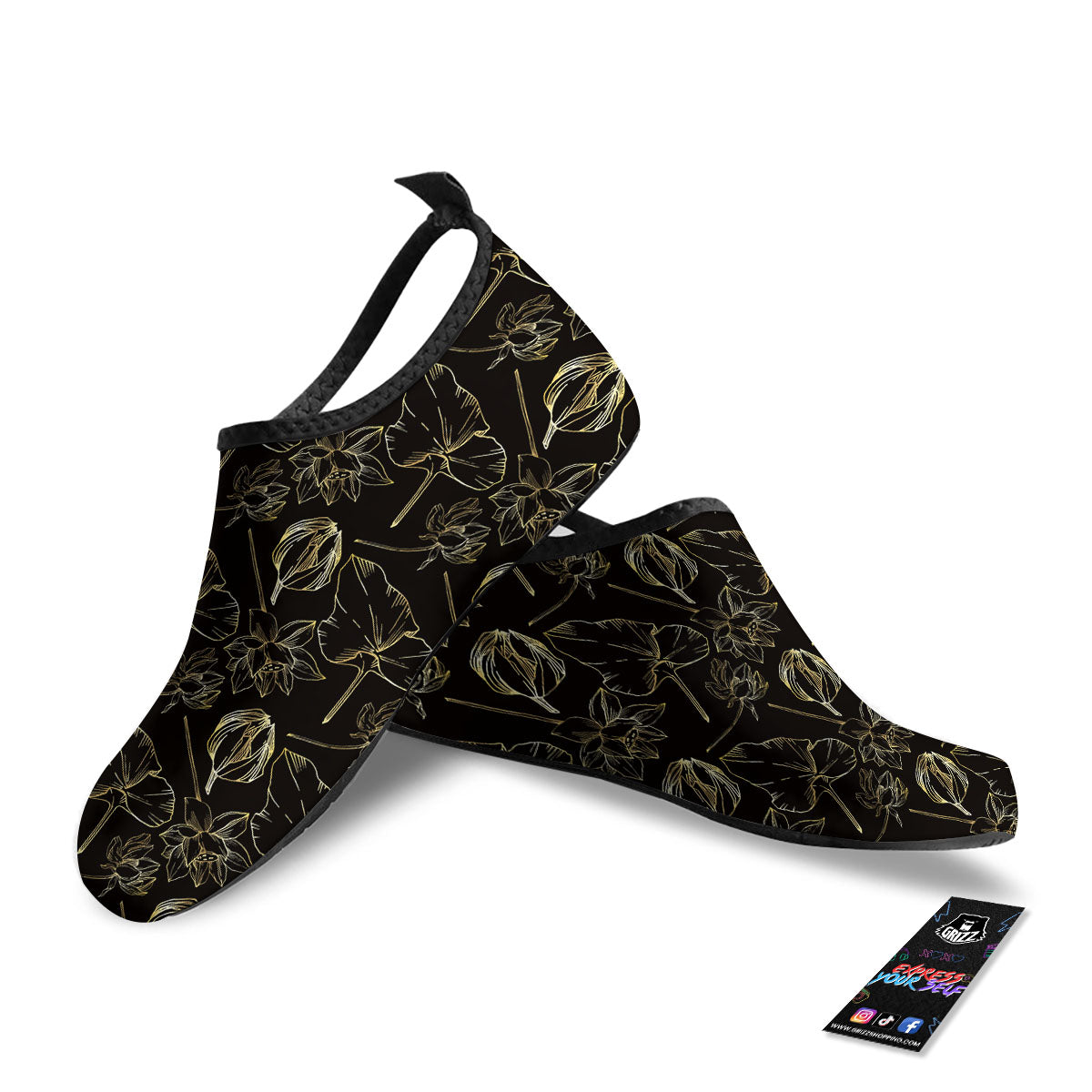 Lotus Flower Gold And Black Print Water Shoes-grizzshop