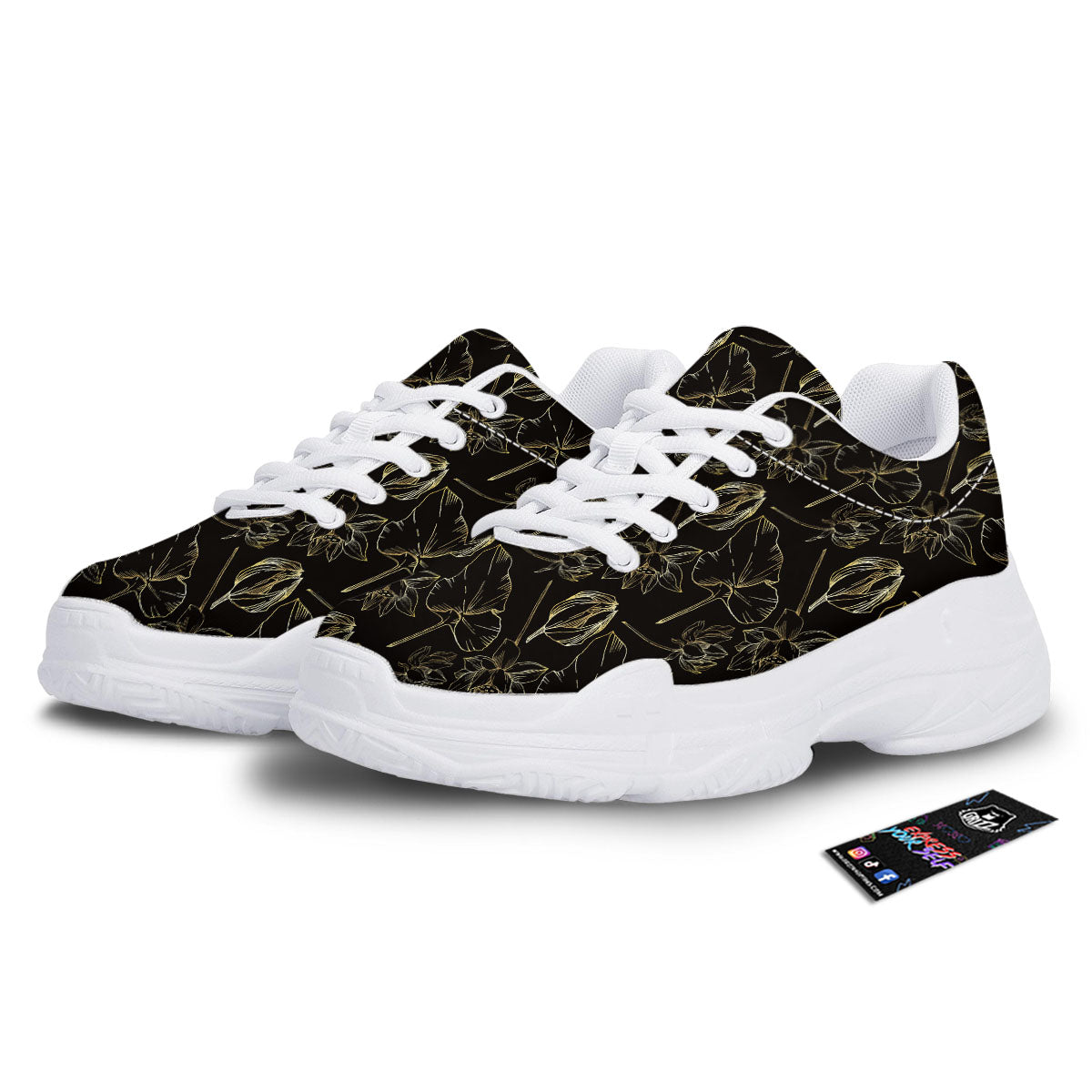Lotus Flower Gold And Black Print White Chunky Shoes-grizzshop