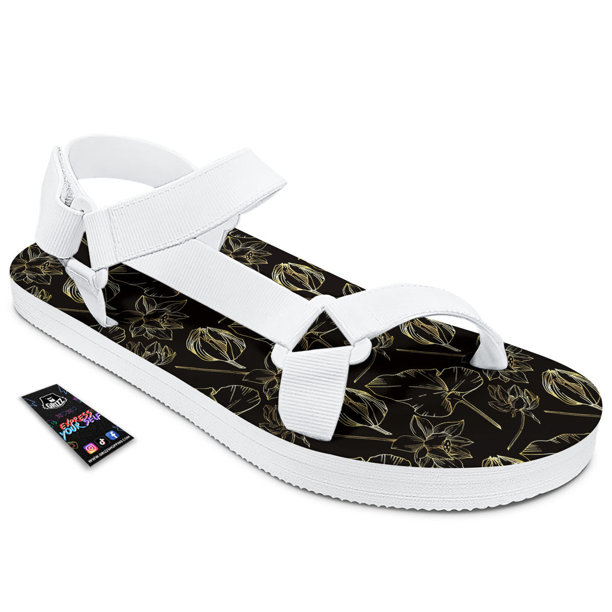 Lotus Flower Gold And Black Print White Open Toe Sandals-grizzshop