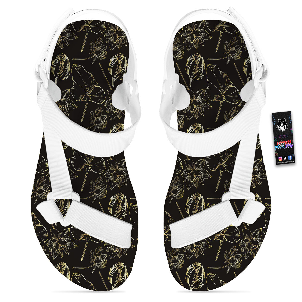 Lotus Flower Gold And Black Print White Open Toe Sandals-grizzshop