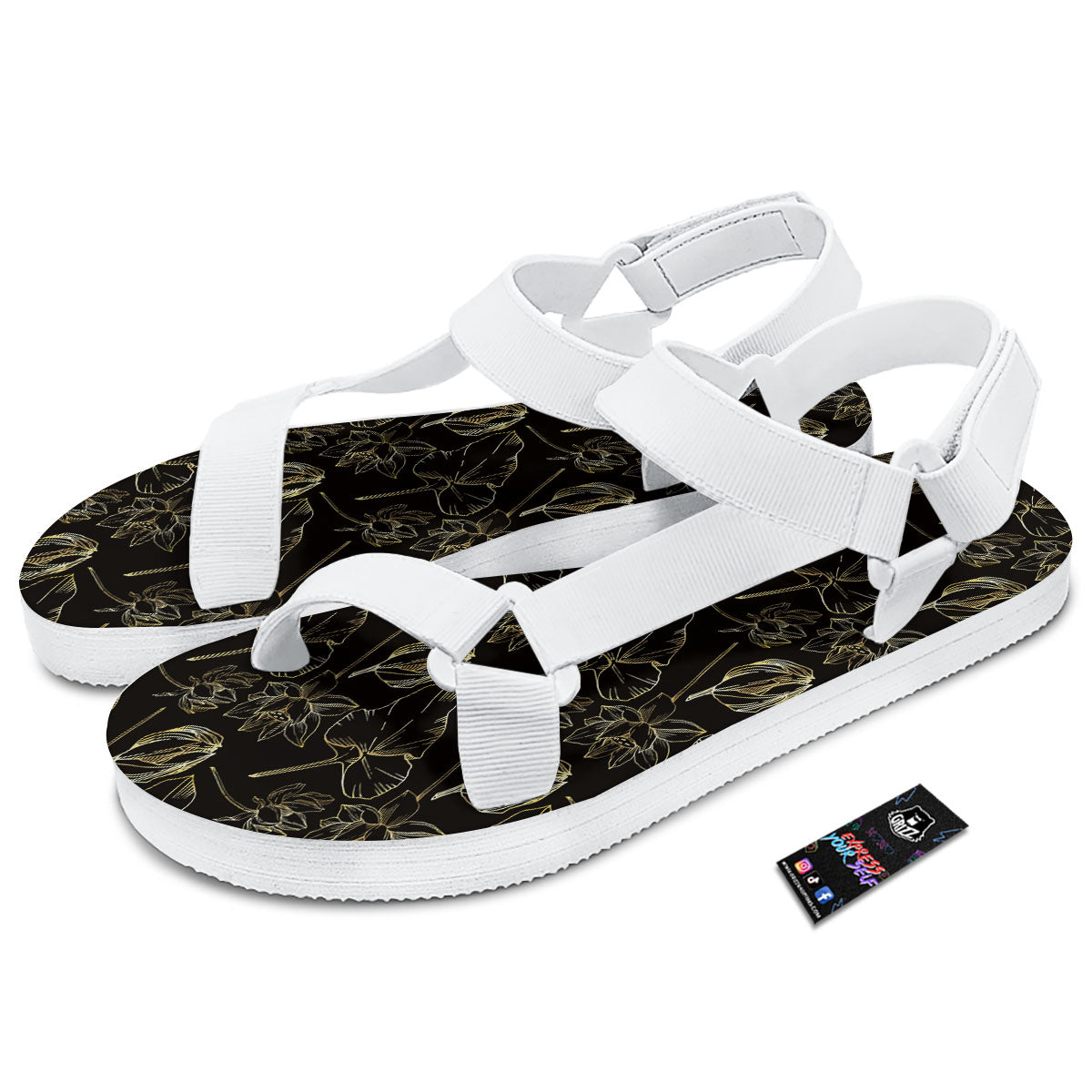 Lotus Flower Gold And Black Print White Open Toe Sandals-grizzshop
