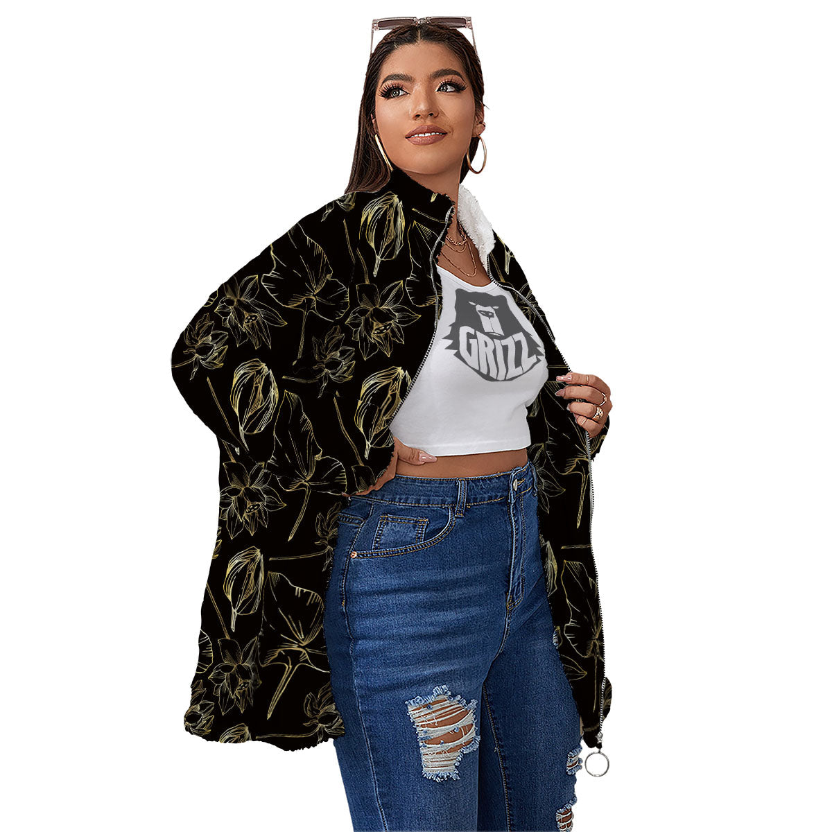 Lotus Flower Gold And Black Print Women's Sherpa Jacket-grizzshop