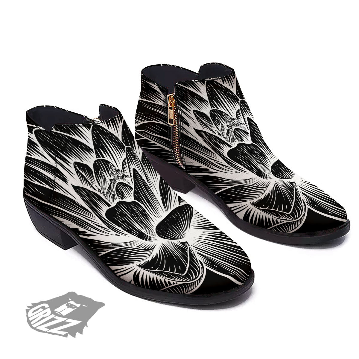 Lotus Flower White And Black Print Ankle Boots-grizzshop