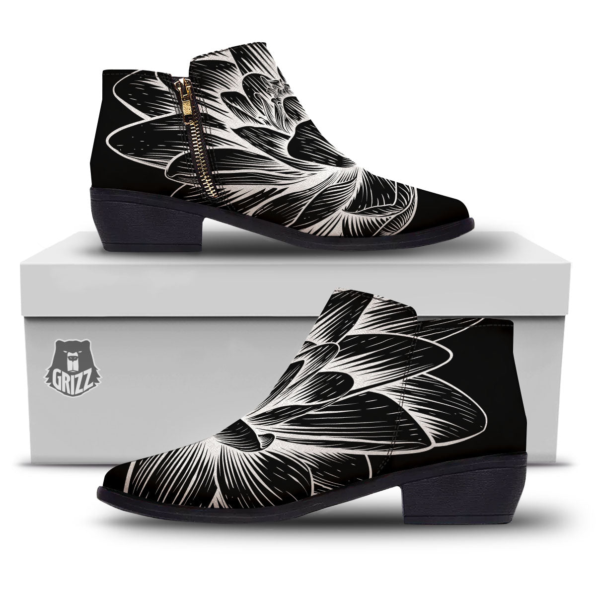 Lotus Flower White And Black Print Ankle Boots-grizzshop