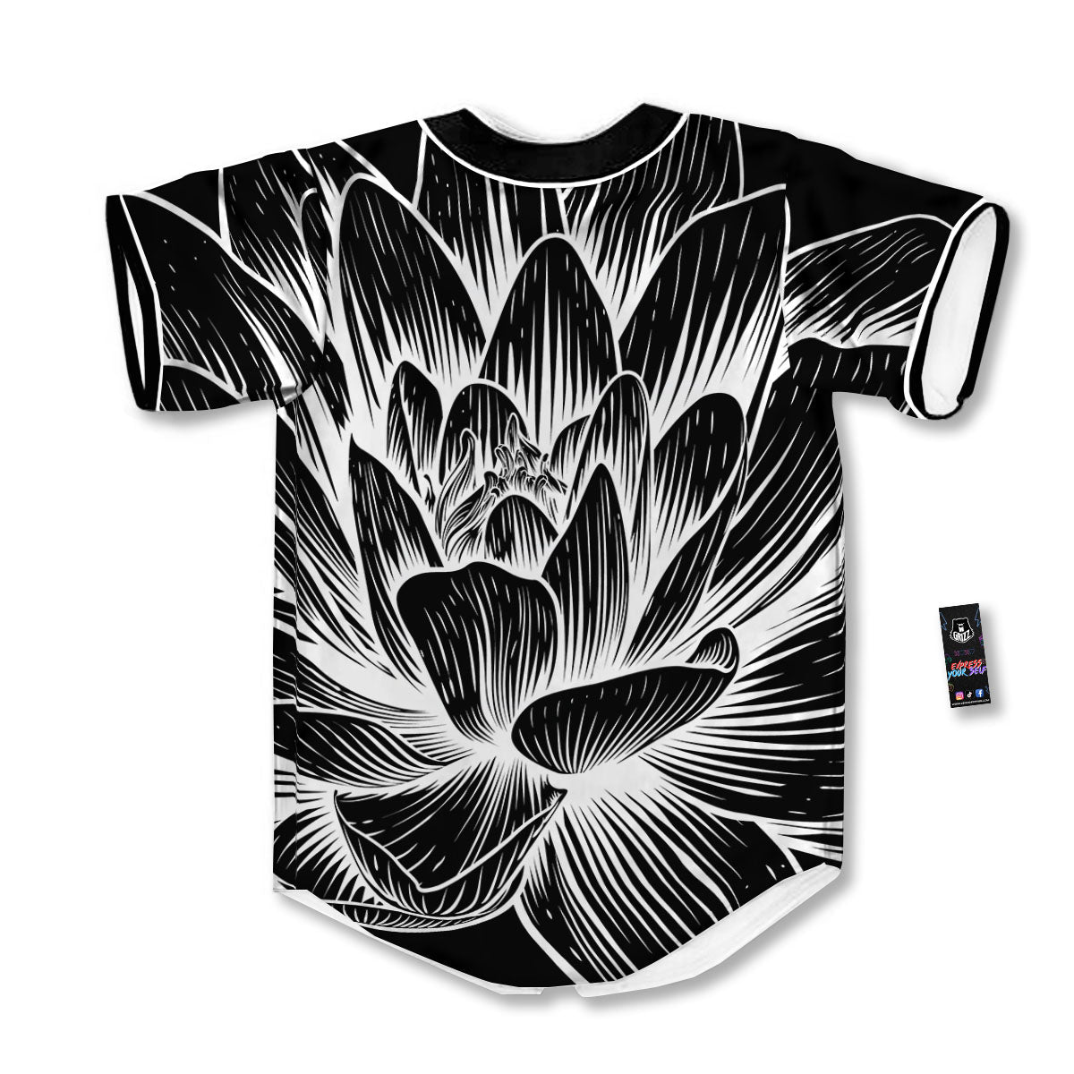 Lotus Flower White And Black Print Baseball Jersey-grizzshop