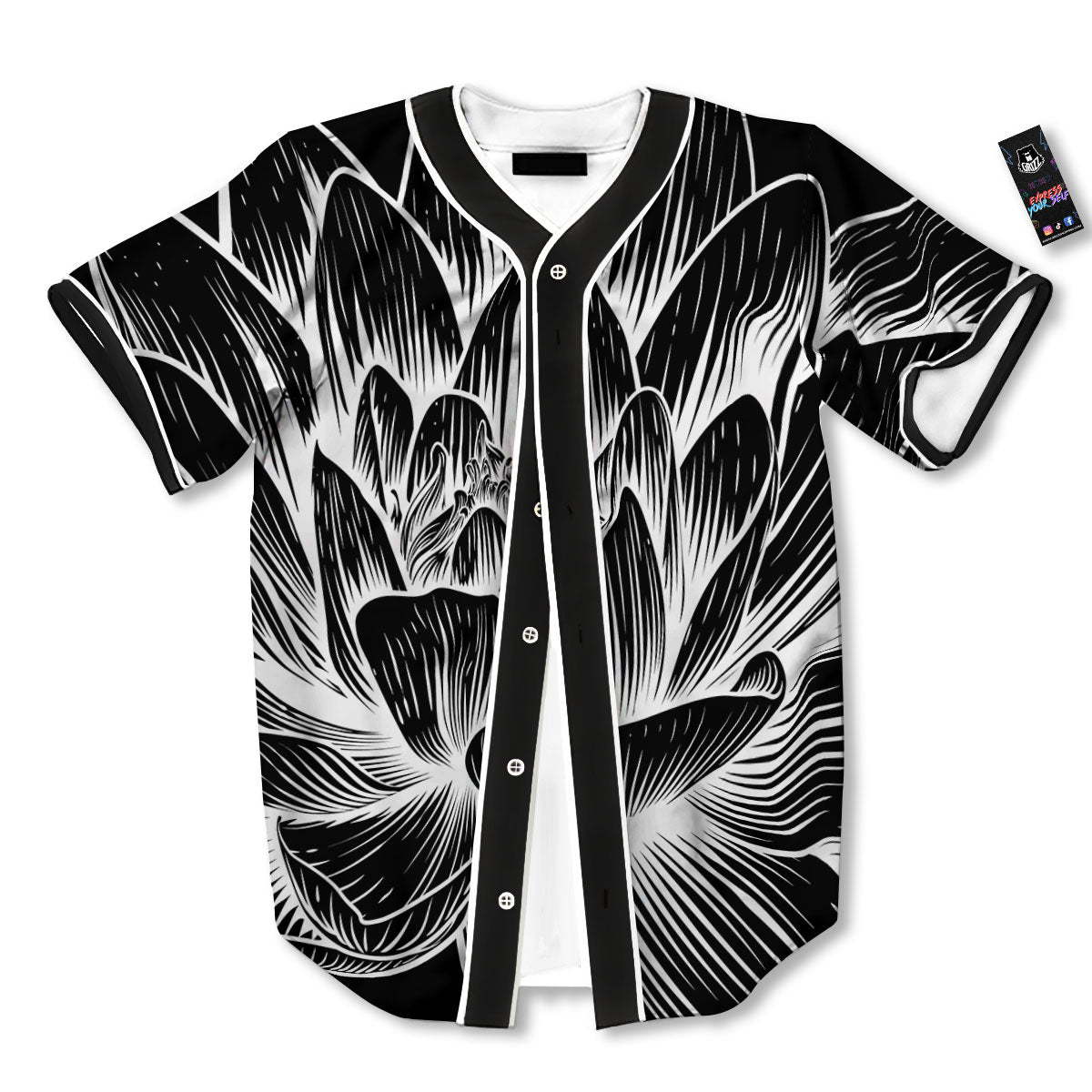Lotus Flower White And Black Print Baseball Jersey-grizzshop
