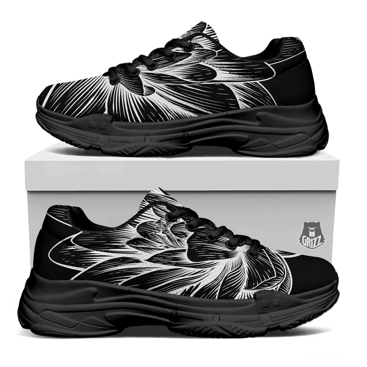 Lotus Flower White And Black Print Black Chunky Shoes-grizzshop