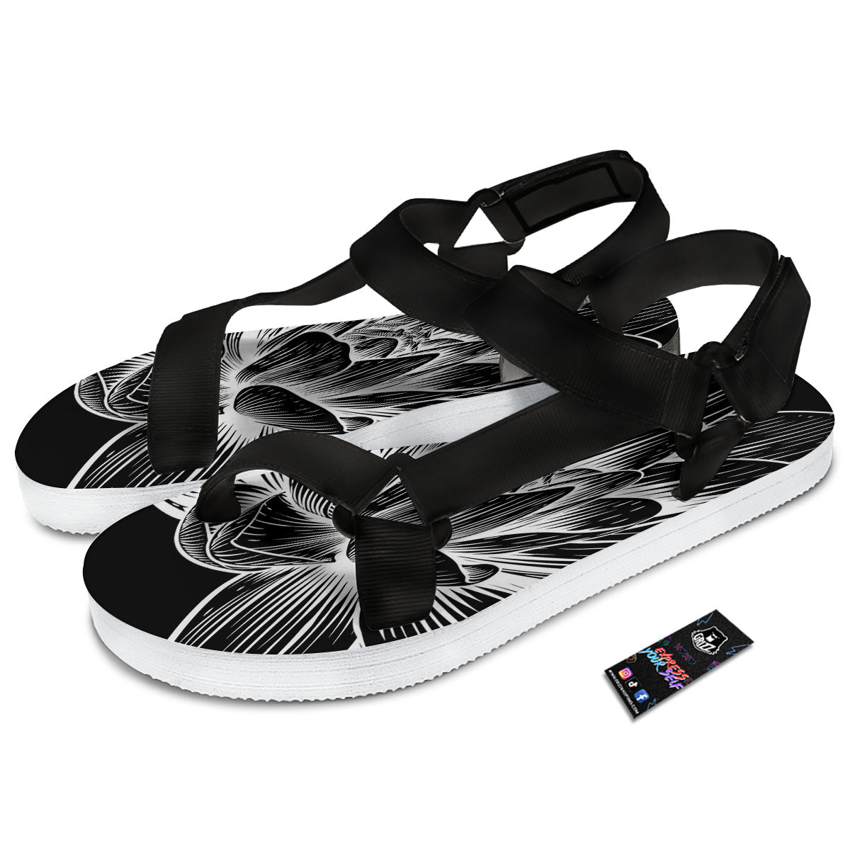 Lotus Flower White And Black Print Black Open Toe Sandals-grizzshop