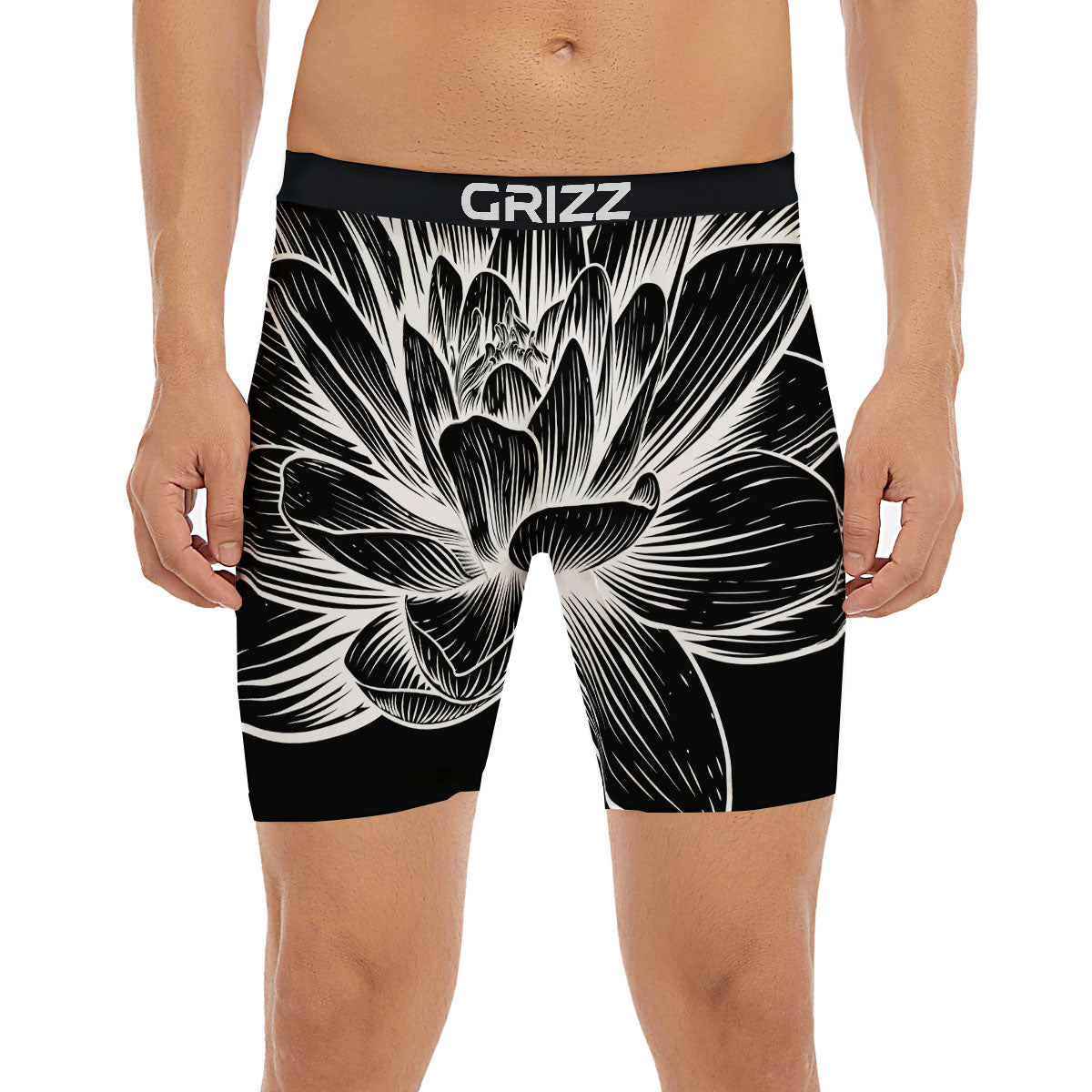 Lotus Flower White And Black Print Boxer Briefs-grizzshop