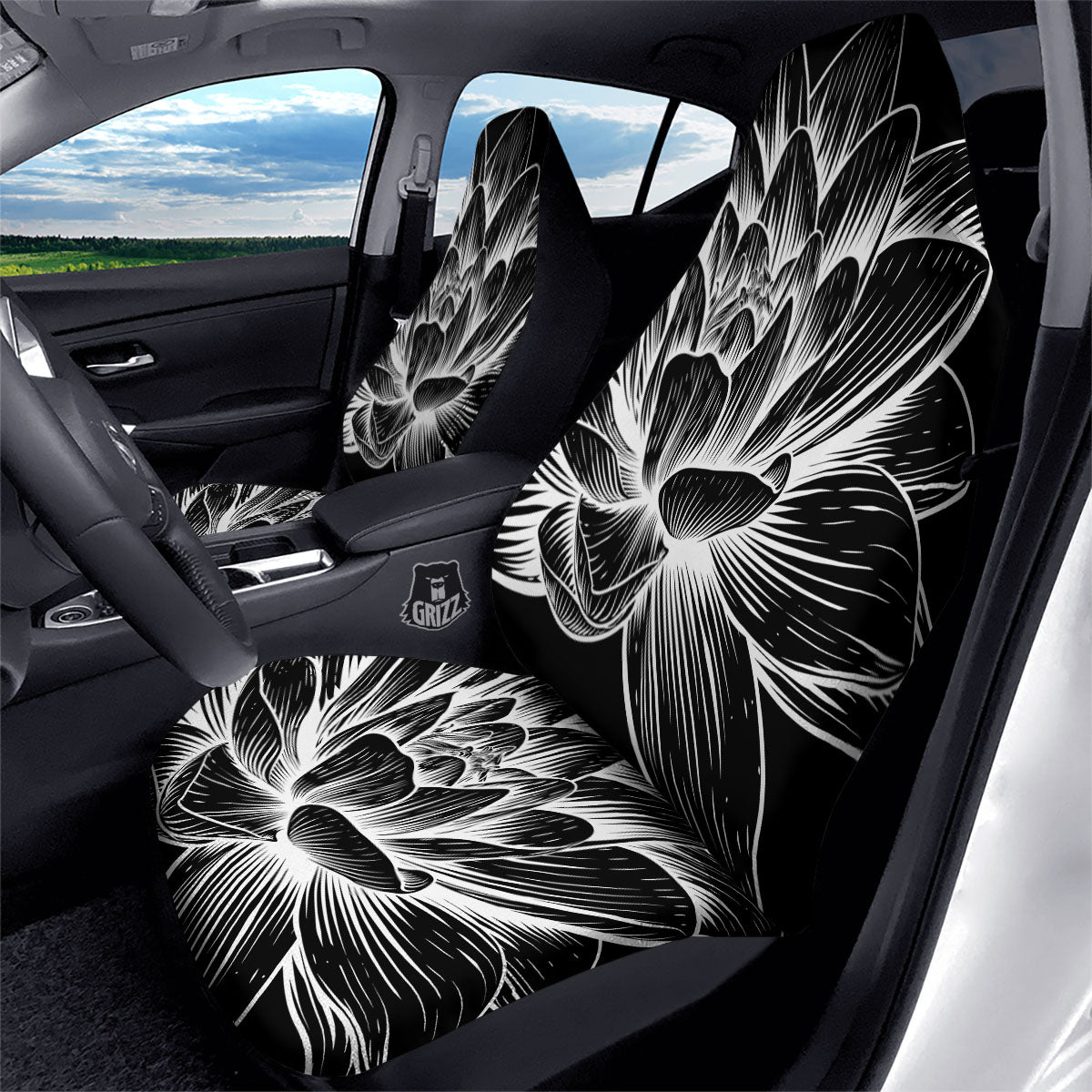 Lotus Flower White And Black Print Car Seat Covers-grizzshop