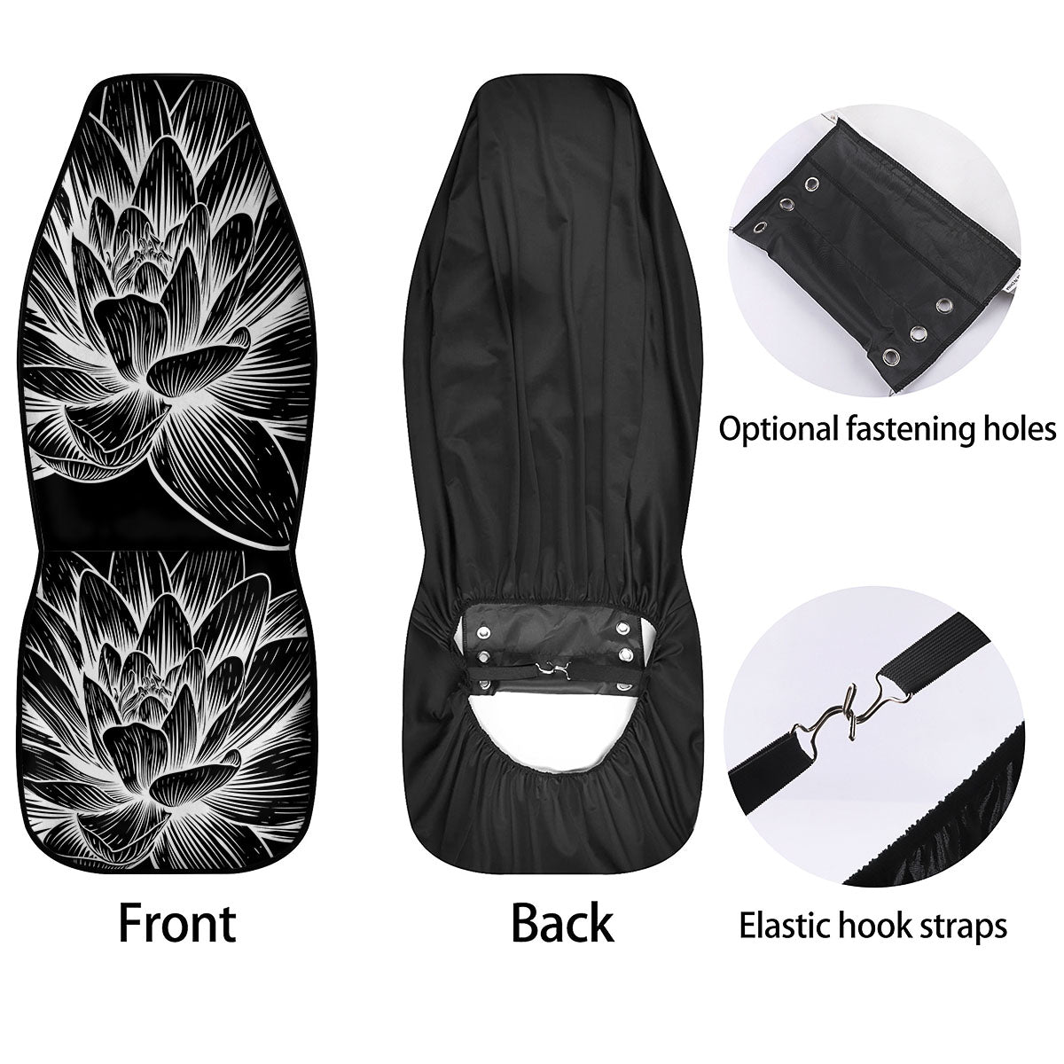 Lotus Flower White And Black Print Car Seat Covers-grizzshop