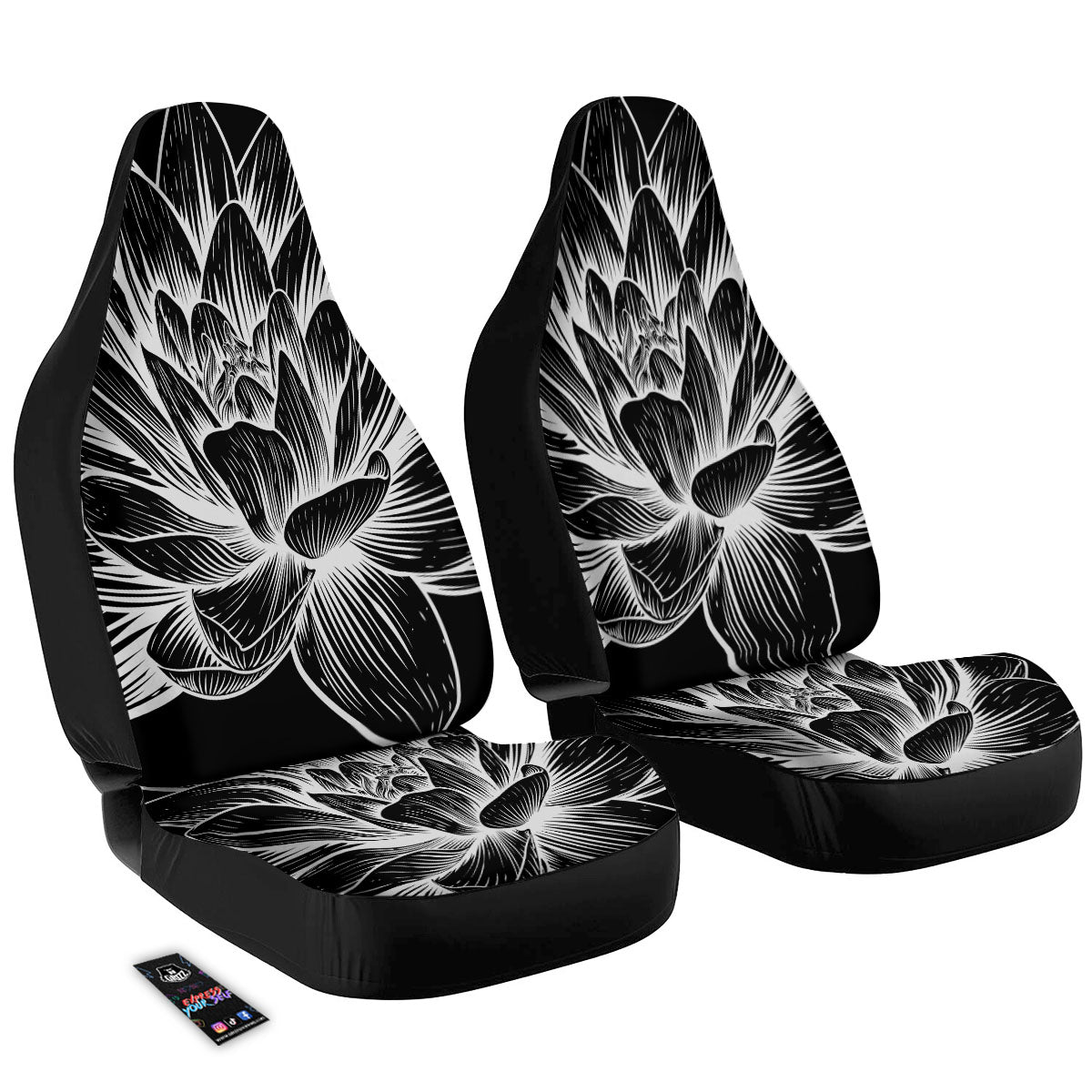 Lotus Flower White And Black Print Car Seat Covers-grizzshop