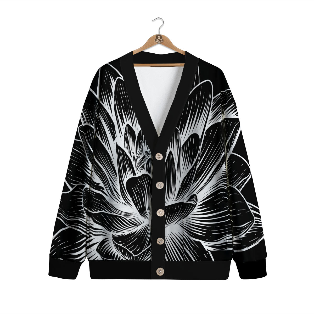 Lotus Flower White And Black Print Cardigan-grizzshop