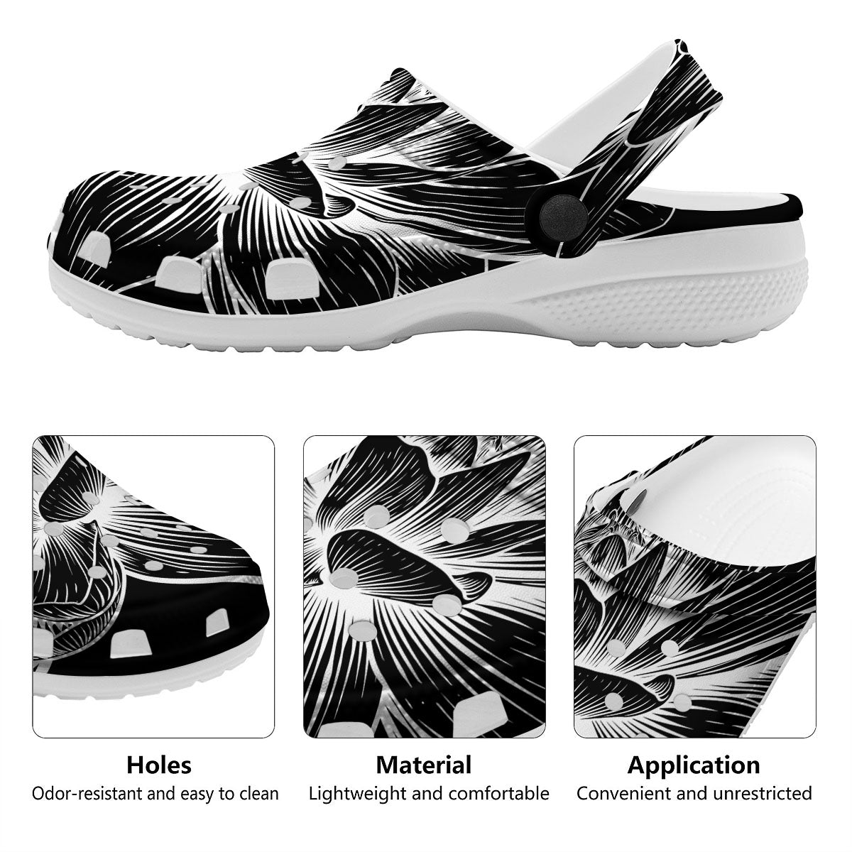 Lotus Flower White And Black Print Clog-grizzshop