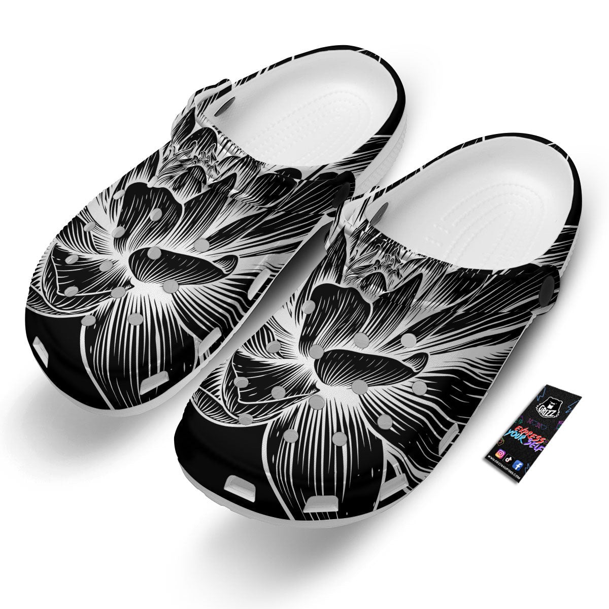 Lotus Flower White And Black Print Clog-grizzshop