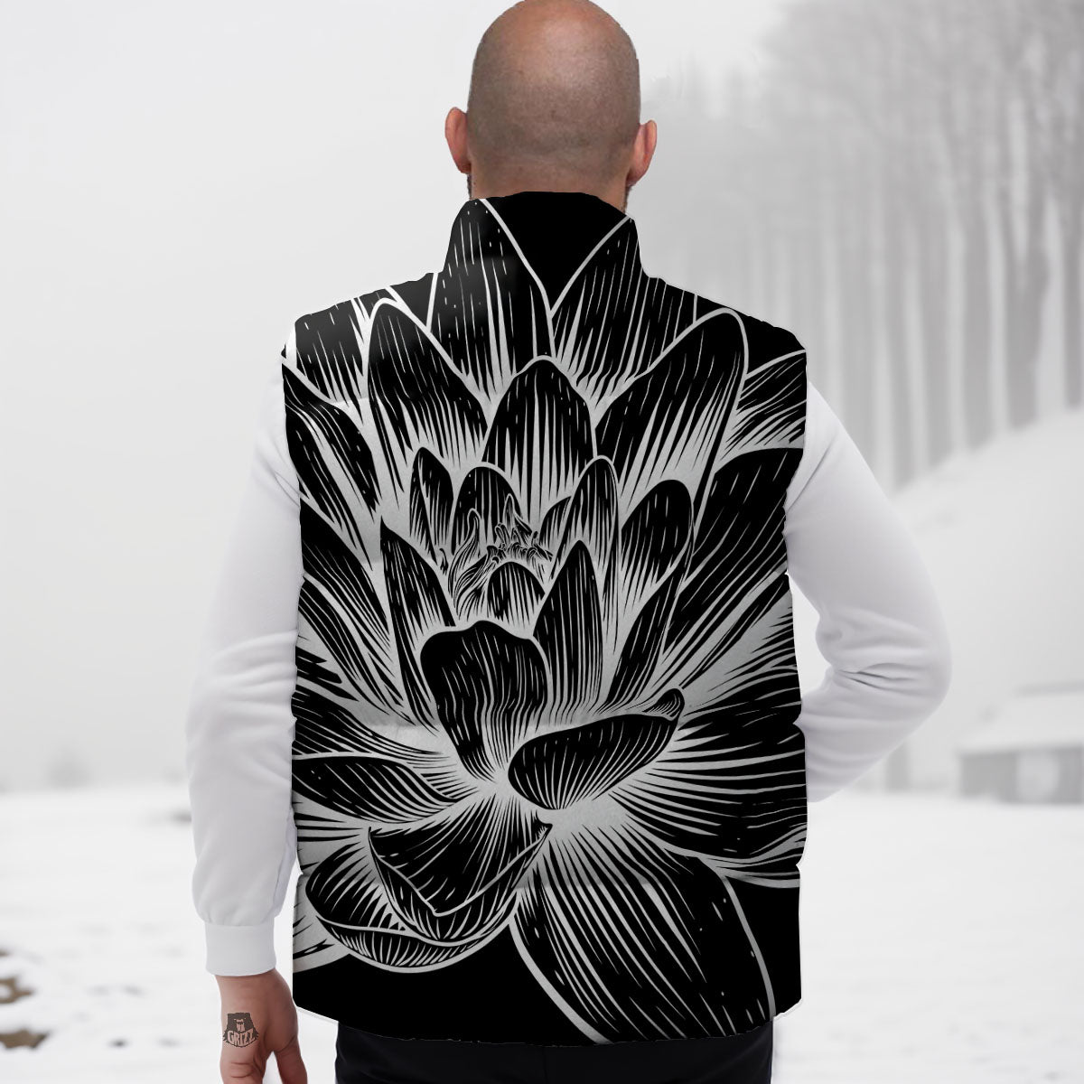 Lotus Flower White And Black Print Down Vest