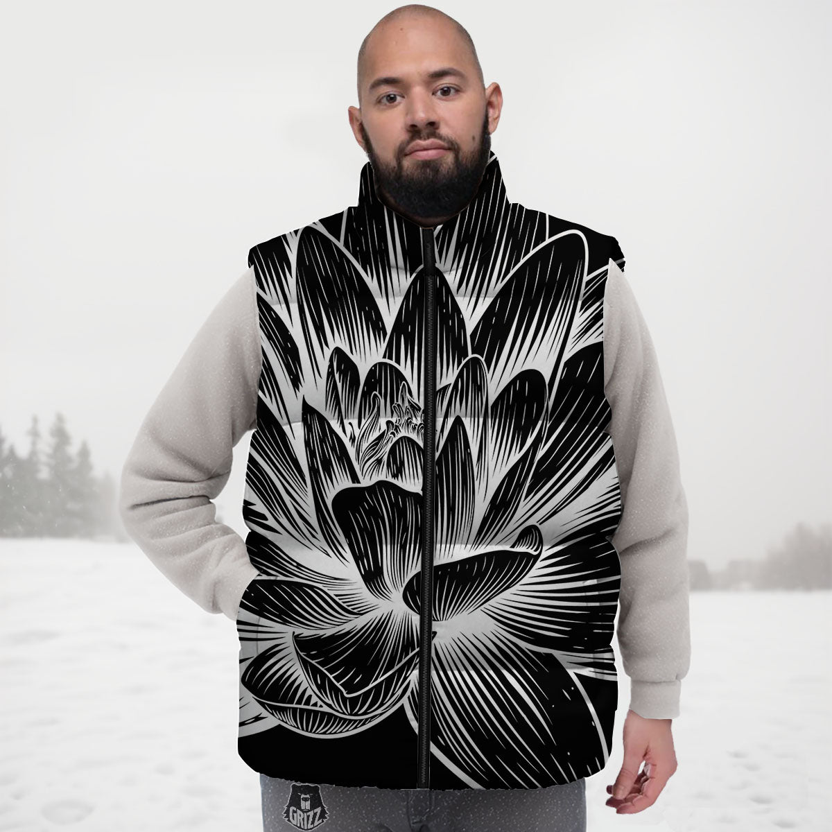 Lotus Flower White And Black Print Down Vest