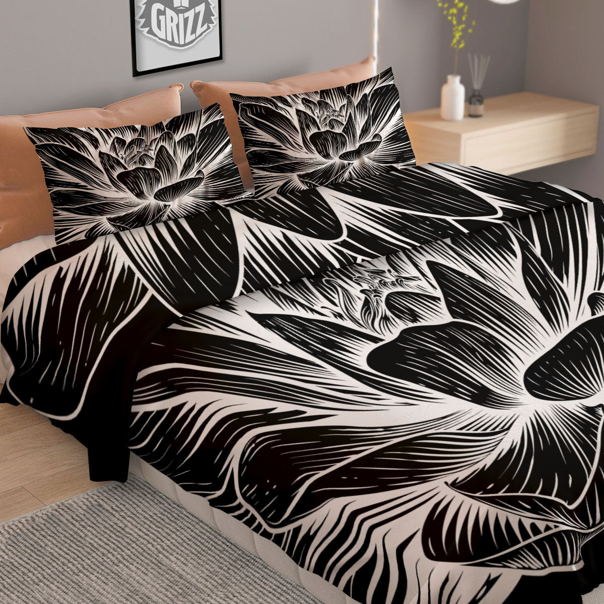 Lotus Flower White And Black Print Duvet Cover Bedding Set