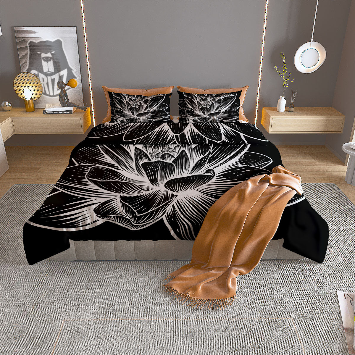 Lotus Flower White And Black Print Duvet Cover Bedding Set