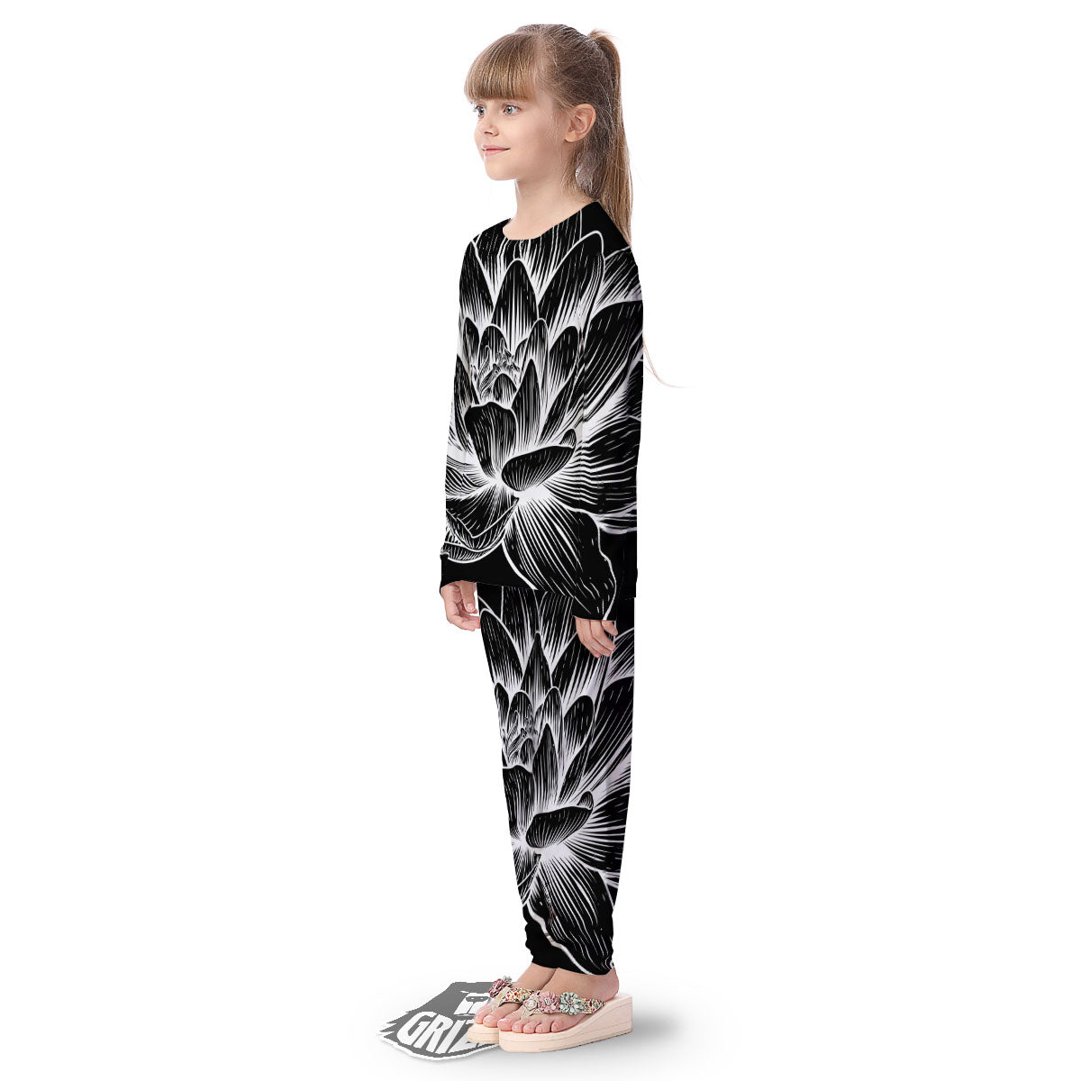 Lotus Flower White And Black Print Kid's Pajamas-grizzshop