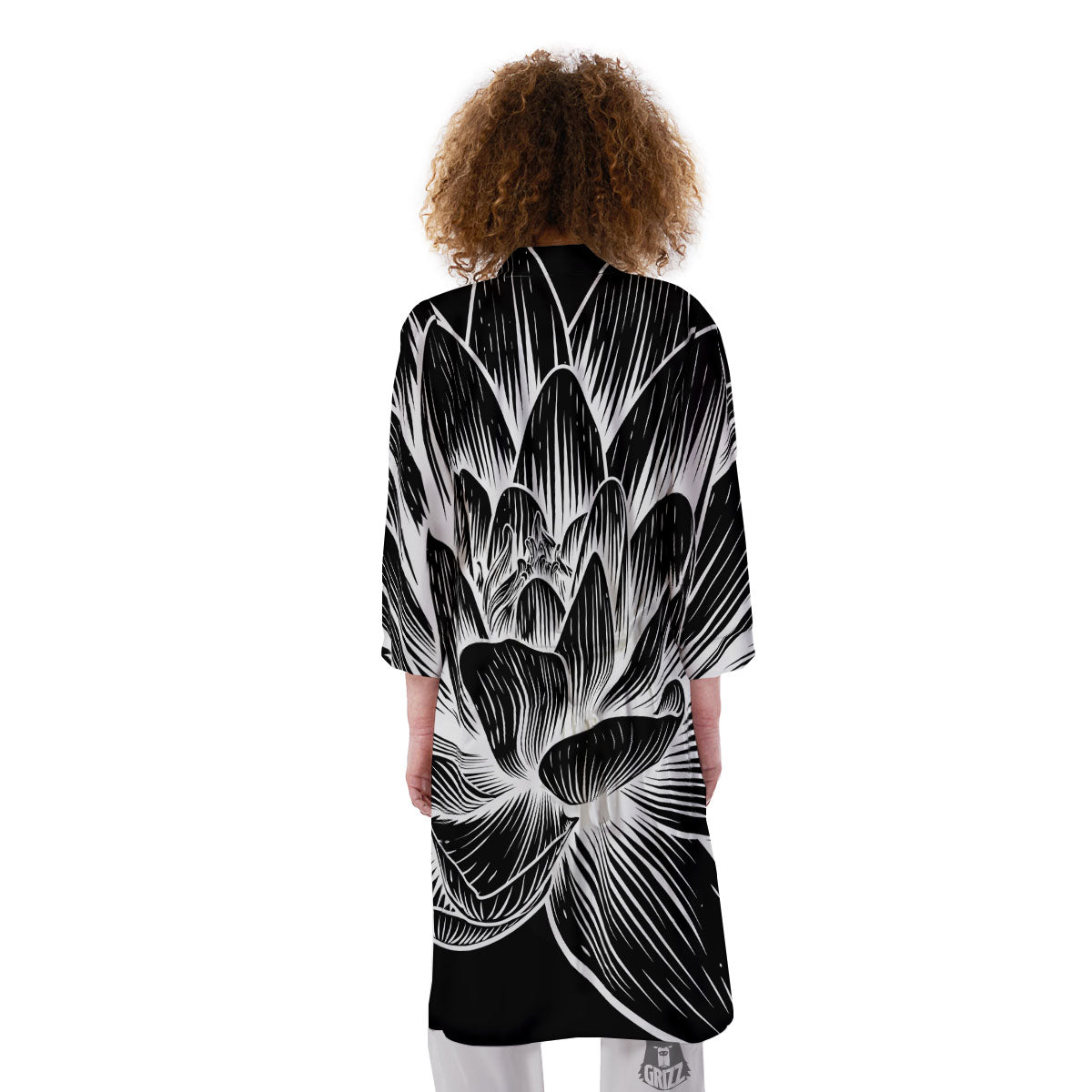 Lotus Flower White And Black Print Kimono-grizzshop