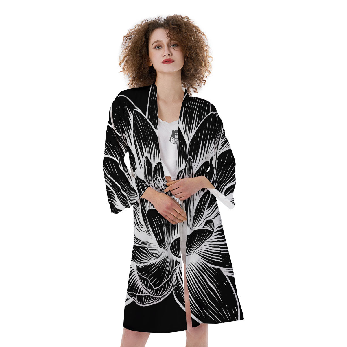 Lotus Flower White And Black Print Kimono-grizzshop