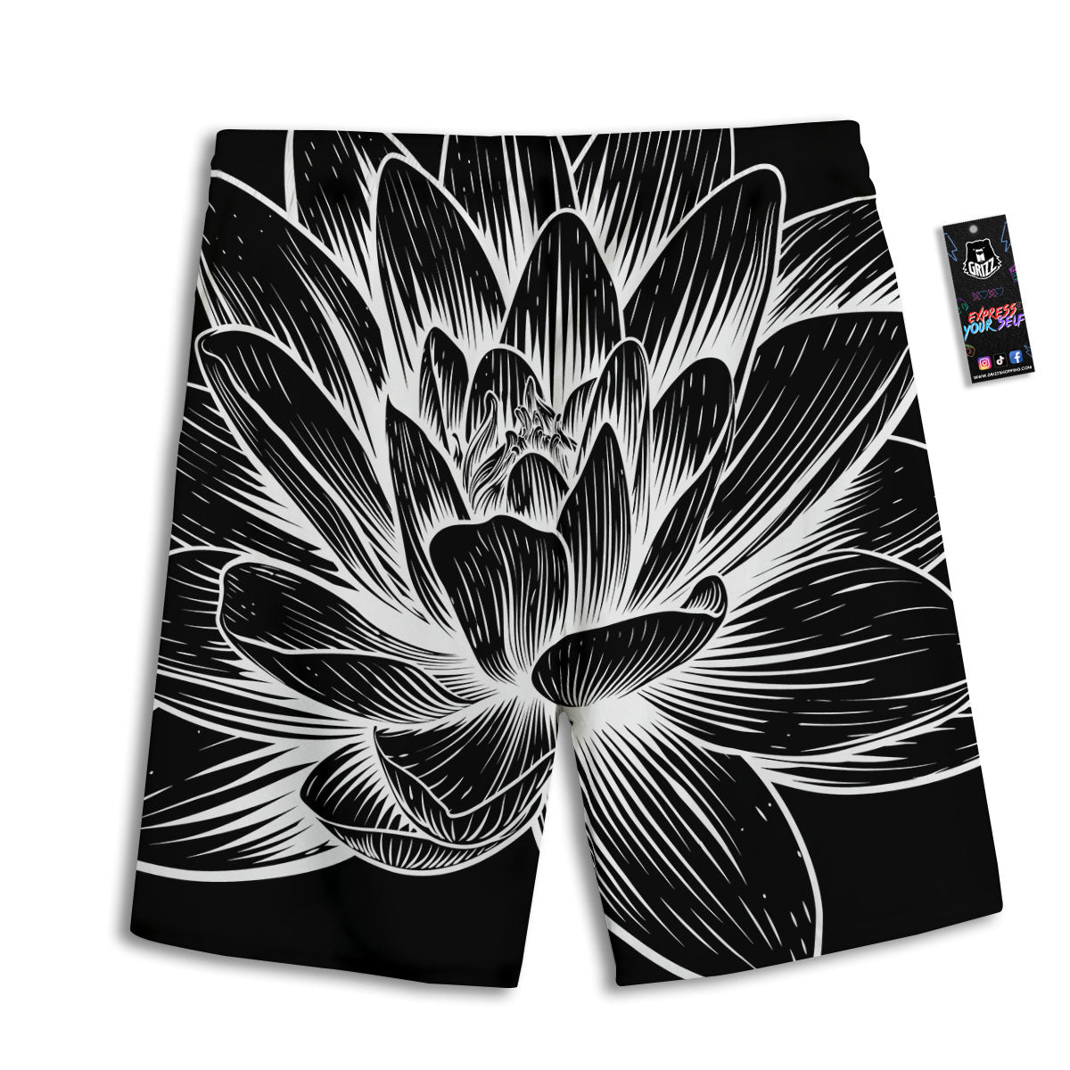 Lotus Flower White And Black Print Men's Athletic Shorts