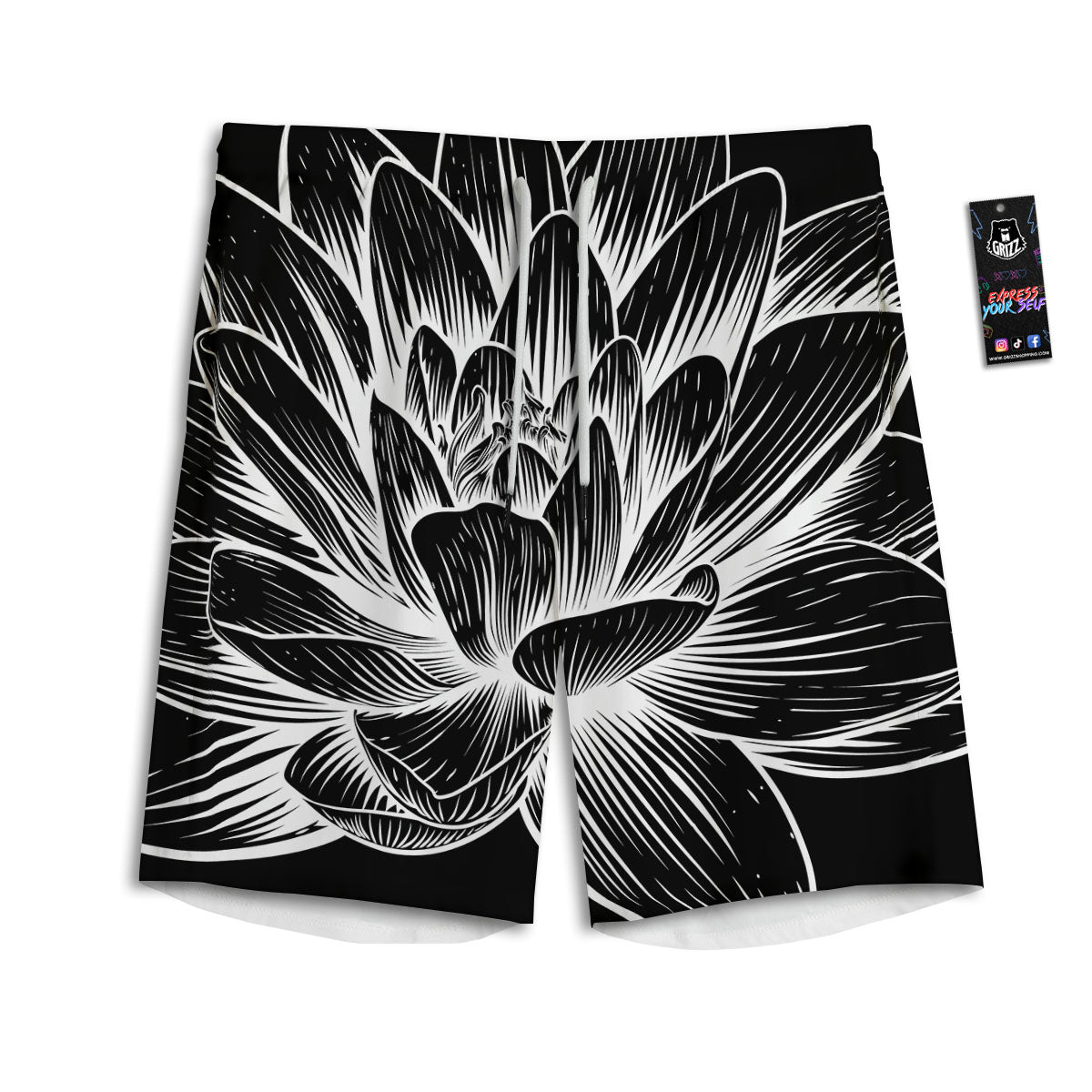 Lotus Flower White And Black Print Men's Athletic Shorts