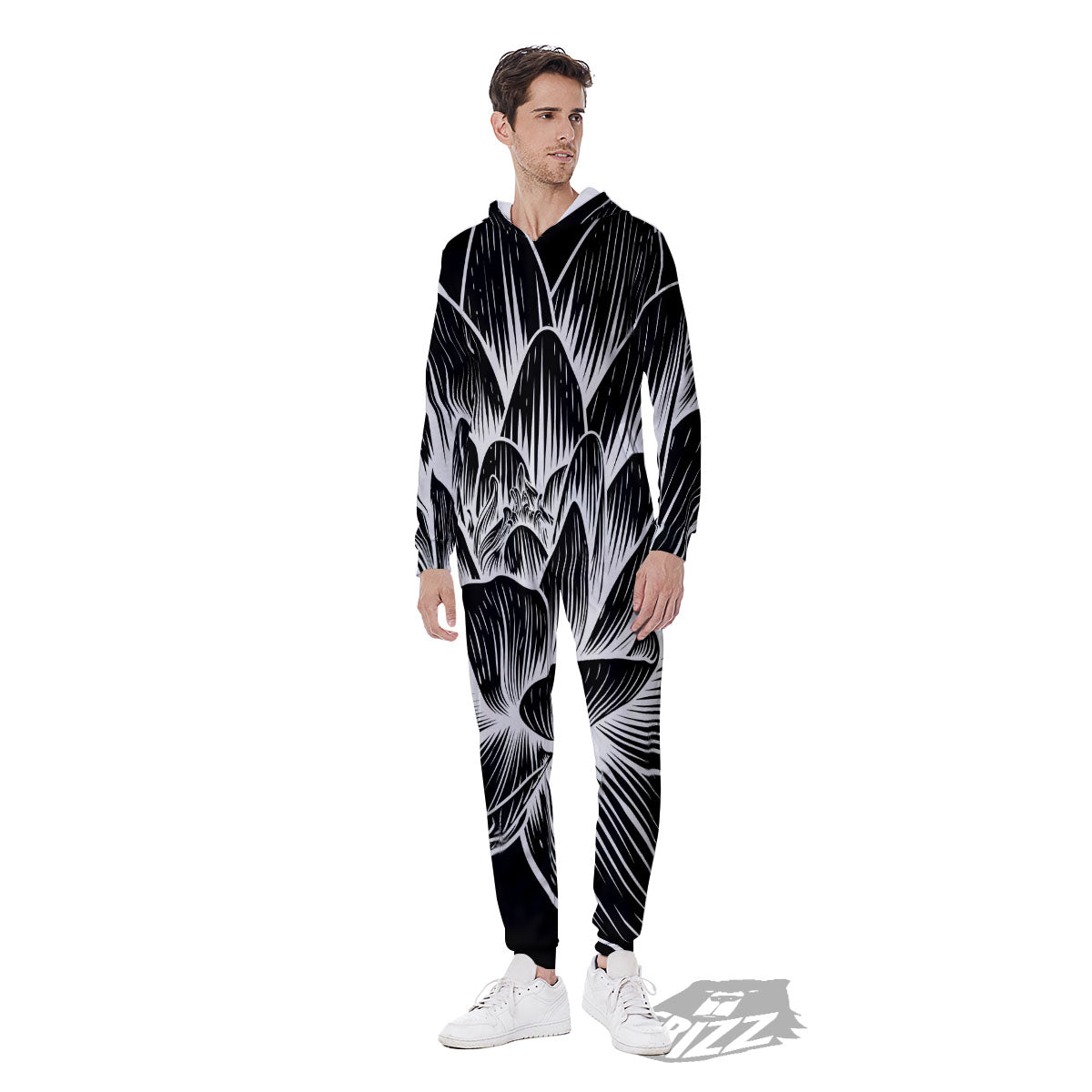 Lotus Flower White And Black Print Men's Jumpsuit-grizzshop