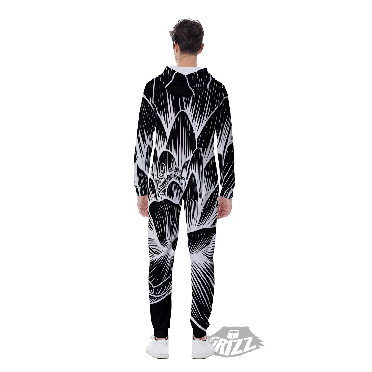 Lotus Flower White And Black Print Men's Jumpsuit-grizzshop