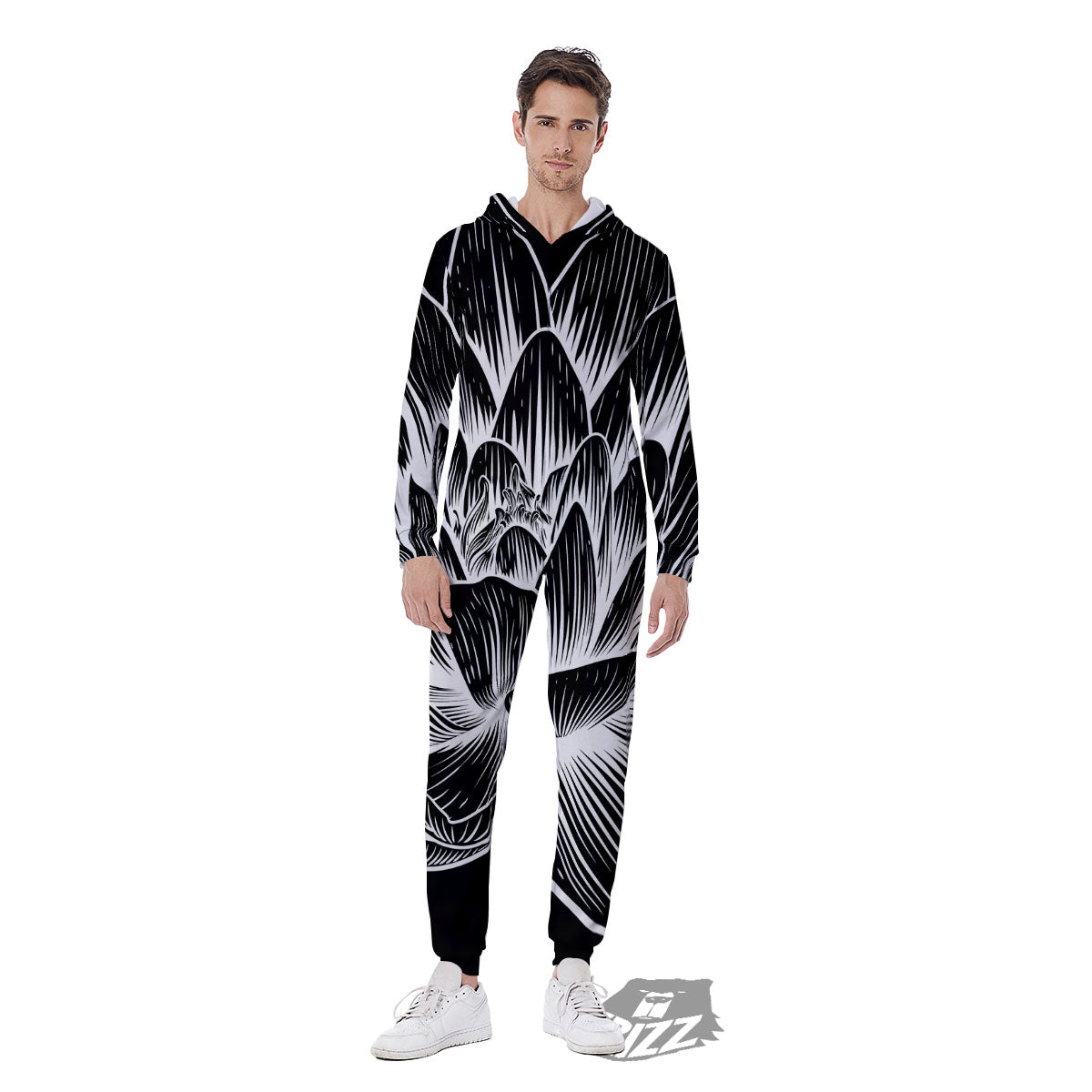 Lotus Flower White And Black Print Men's Jumpsuit-grizzshop