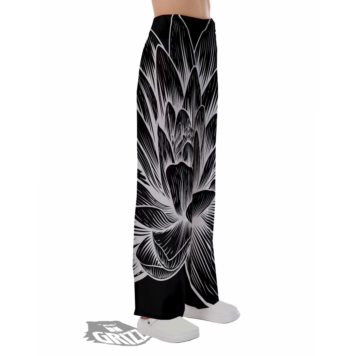 Lotus Flower White And Black Print Pajama Pants-grizzshop