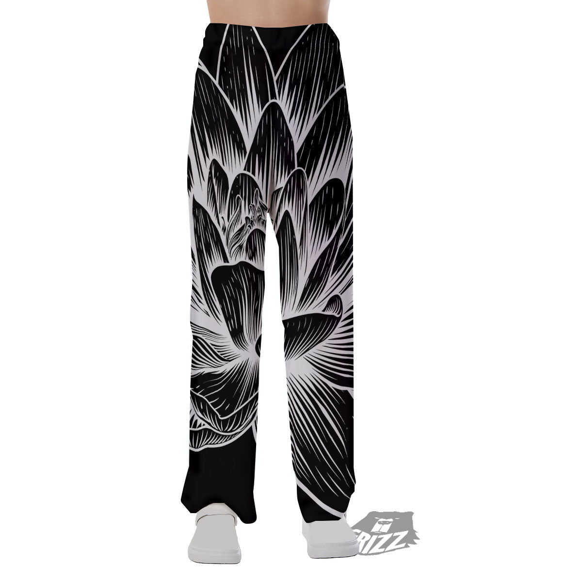 Lotus Flower White And Black Print Pajama Pants-grizzshop