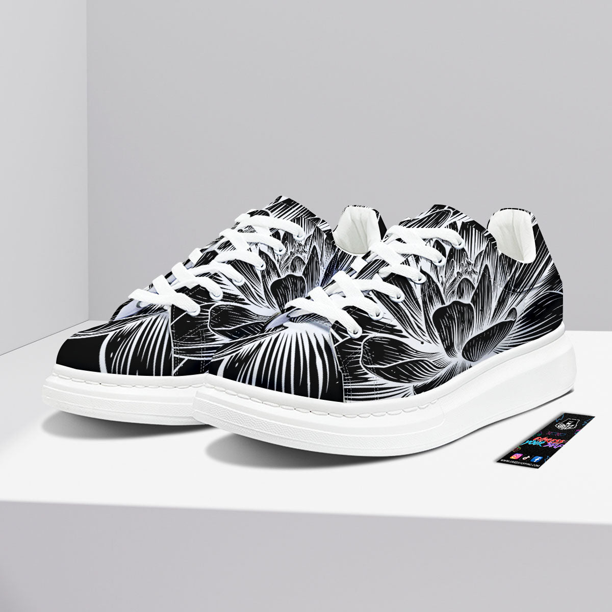 Lotus Flower White And Black Print Platform Shoes-grizzshop