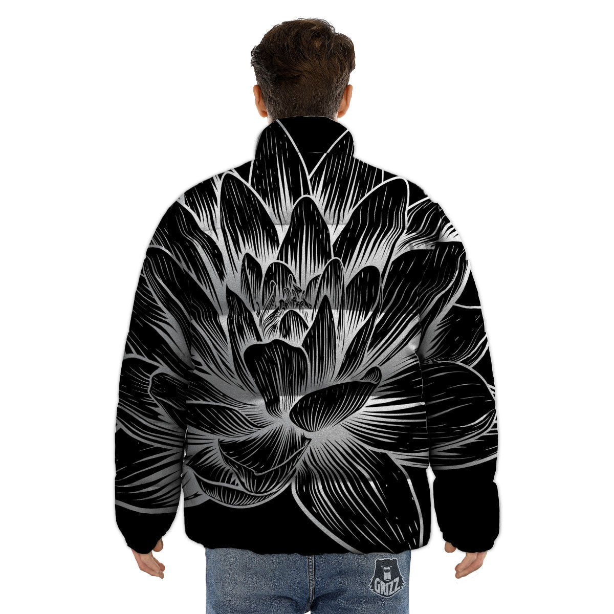 Lotus Flower White And Black Print Puffer Jacket-grizzshop