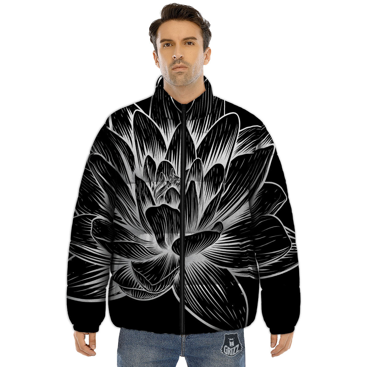 Lotus Flower White And Black Print Puffer Jacket-grizzshop