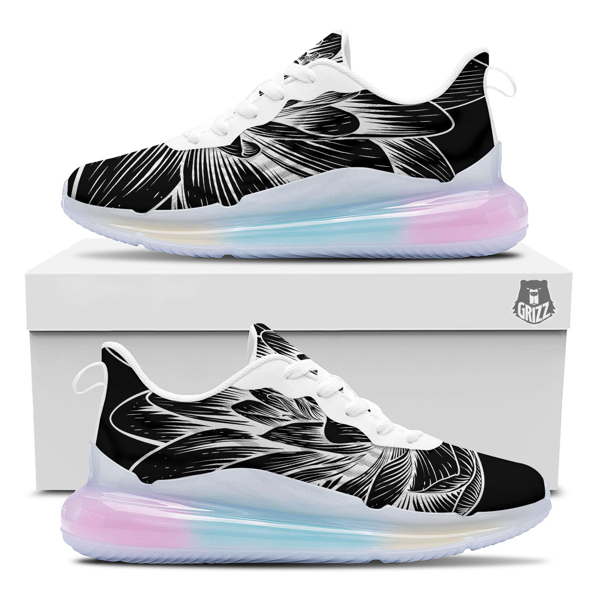 Lotus Flower White And Black Print Running Sneakers-grizzshop