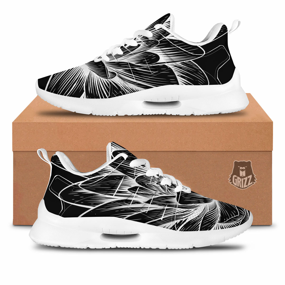 Lotus Flower White And Black Print Tennis Shoes-grizzshop