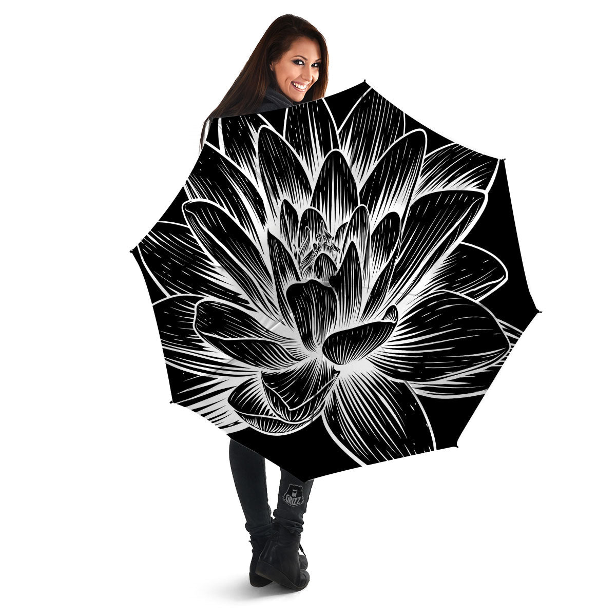 Lotus Flower White And Black Print Umbrella-grizzshop