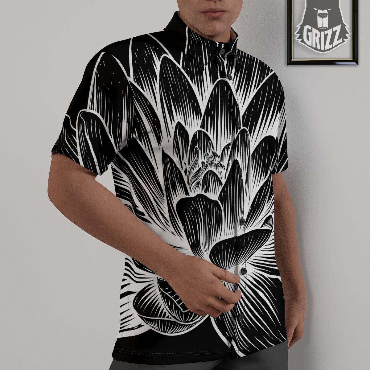 Lotus Flower White And Black Print Untucked Shirts-grizzshop